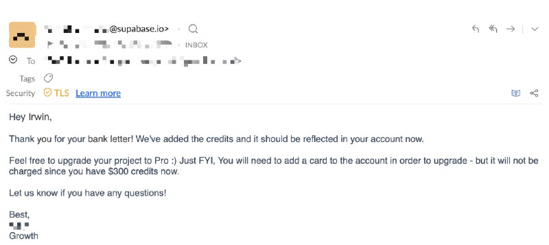 搬运一下 X上的自己的经验帖子, 因为看大家很多都有用到 supabase通过 mercury 你可以申请 supabase 1 年的 pro 会员