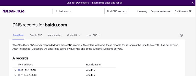 👉 名称：nslookup.io🤖 类型：🕸网站👏 介绍：一个在线工具，用于查询域名的 DNS 记录，提供与命令行工具 dig 和 nslookup 相同的信息，但在浏览器中更加方便：