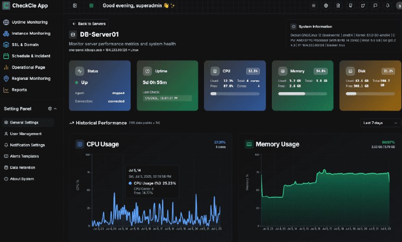 👉 名称：checkcle🤖 类型：🎯项目👏 介绍：CheckCle 提供了一个自托管的解决方案，用于实时监控和管理全栈系统、应用程序和基础设施