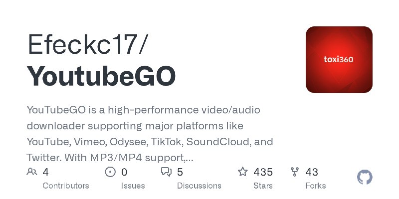 GitHub - Efeckc17/YoutubeGO: YouTubeGO is a high-performance video/audio downloader supporting major platforms like YouTube, Vimeo…