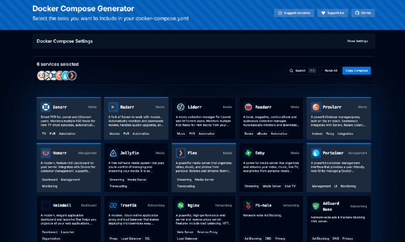 👉 名称：dcm🤖 类型：🎯项目👏 介绍：DockerComposeMaker (DCM) 是一个简单但强大的工具，用于帮助用户创建 docker-compose.yml 文件，该项目提供了一个选择和配置容器的平台，使得用户不再需要从文档中复制粘贴，也不需要记住正确的配置选项：
