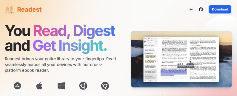 👉 名称：readest🤖 类型：🤖软件👏 介绍：Readest 是一个现代化、功能丰富的电子书阅读器，旨在为读者提供无缝的跨平台访问体验、强大的工具和直观的界面，以提升阅读体验