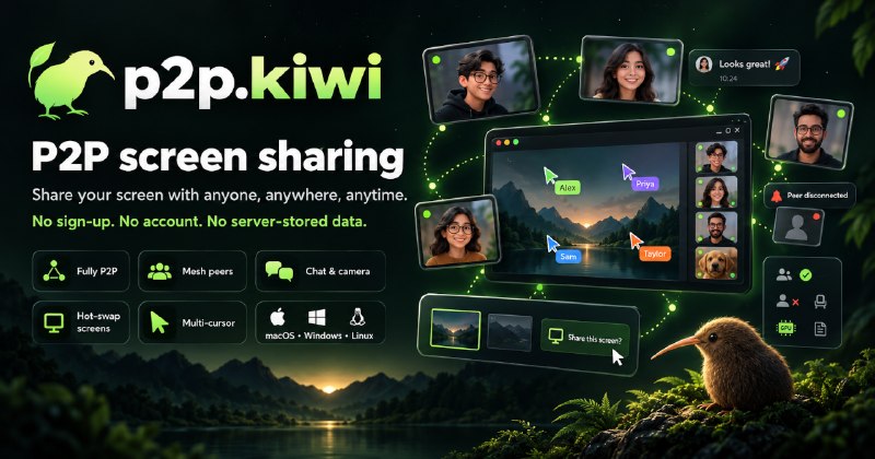 GitHub - dont-be-evil-company/p2p.kiwi: p2p.kiwi 🥝, Cross-Platform screen 🖥️ sharing 📡 made simple ⚡.