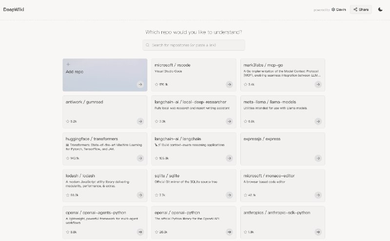 👉 名称：deepwiki🤖 类型：🕸网站👏 介绍：DeepWiki 旨为成为一个全球性的、为每个 GitHub 仓库提供可交流的文档服务的平台