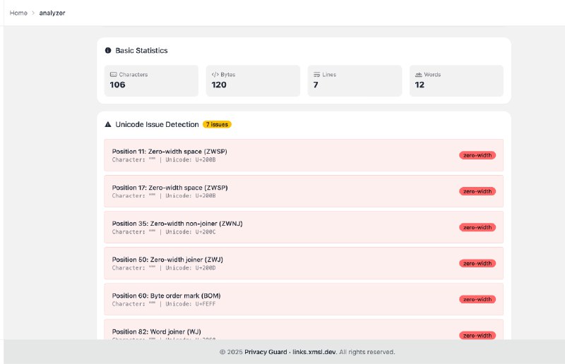 鉴于当前各大 LLM 逐步普及以零宽字符为代表的文本隐写水印手段，为此我特地写了一个小工具，专门用于扫描文本中的隐蔽 / 不可见 Unicode 码点，便于快速定位可能存在的 「文本水印」