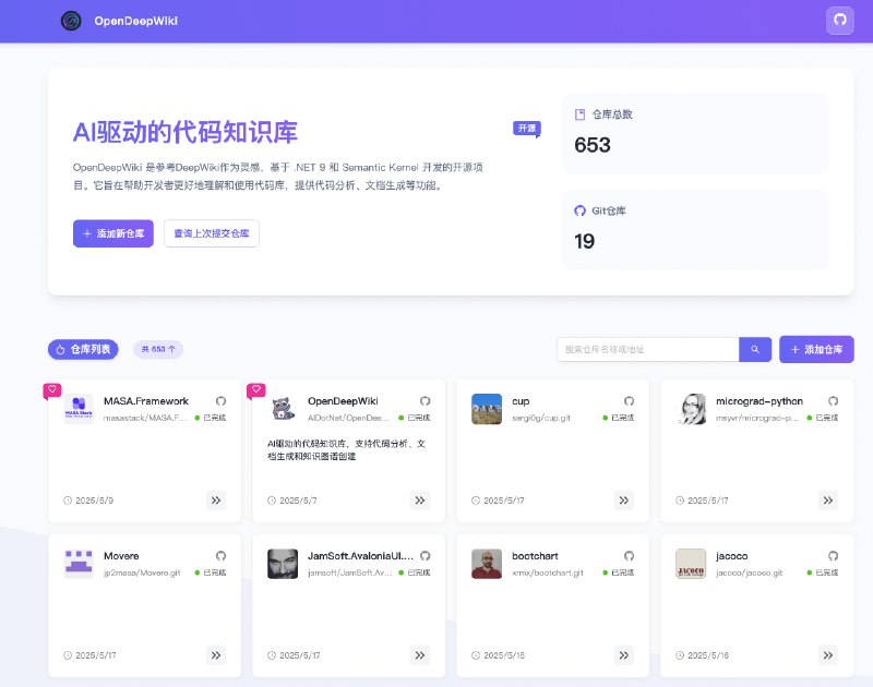 👉 名称：OpenDeepWiki🤖 类型：🎯项目👏 介绍：OpenDeepWiki 是基于DeepWiki项目的开源版本，旨于提供一个强大的知识管理和协作平台