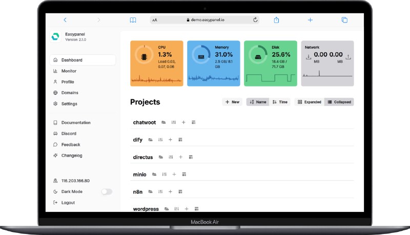 Easypanel - 一款开源的「下一代」服务器控制面板在线演示类似 Vercel 等一键部署服务的开源替代方案实测比较轻量，简单易用现在建站已经慢慢从以前的手搓时代转变为一键时代了！已收录至「一键部署方案」🧘 网址: 链接01 链接02 💞 感谢 [ 来自 匿名 供稿 ]💭 中文 | 💭 聊天 | 💭 投稿