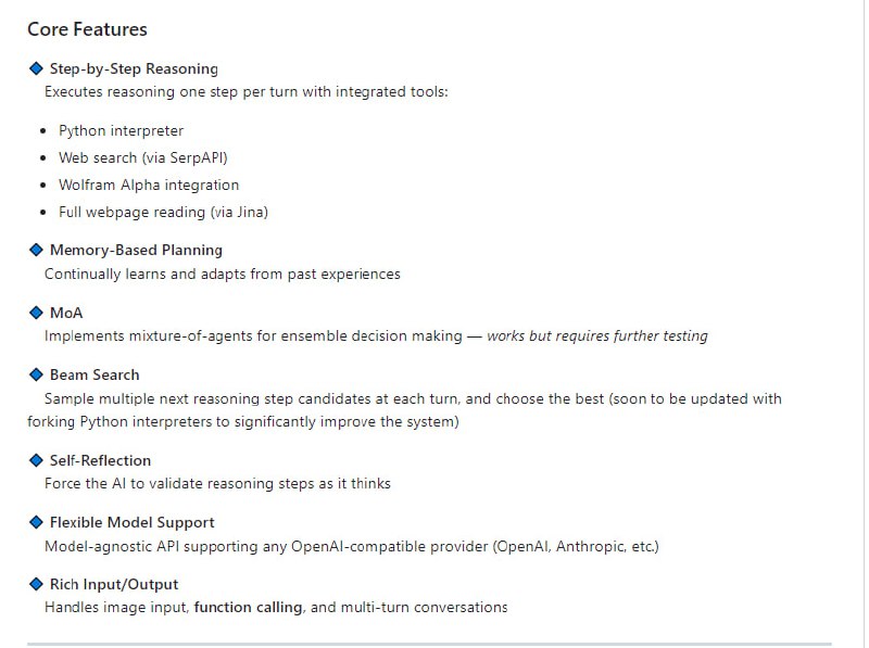 一个开源的AI推理引擎框架，支持多种强大功能逐步推理、基于记忆的规划、多智能体混合决策、束搜索、自我反思等