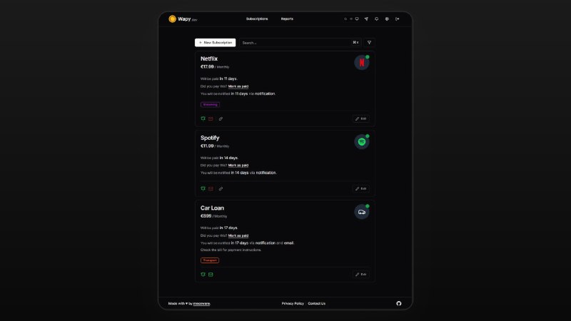 #开源 #工具💰 Wapy.dev 一款开源的订阅和费用追踪工具Wapy.dev 专注于管理付款，订阅到期就会推送通知➡️已收录至「订阅和费用追踪」📮投稿    📢频道    💬群聊    🔎索引