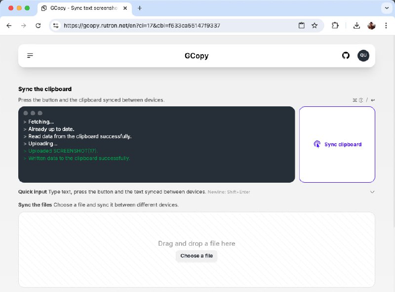 #文件传输 #开源 GCopy 跨设备剪贴板同步工具，可通过浏览器在多个设备间快速同步剪贴板内容（文本、截图、文件），无需安装客户端，支持多平台访问并提供 Docker 部署方式，所有数据仅在内存中短暂保存（24 小时自动清除），保障隐私安全，适用于需要跨终端剪贴共享的用户