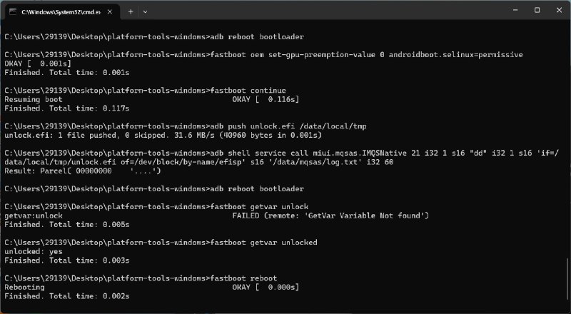 又出了个 selinux 的洞，绷不住了这下可以一键解锁了fastboot oem set-gpu-preemption-value 0 androidboot.selinux=permissive