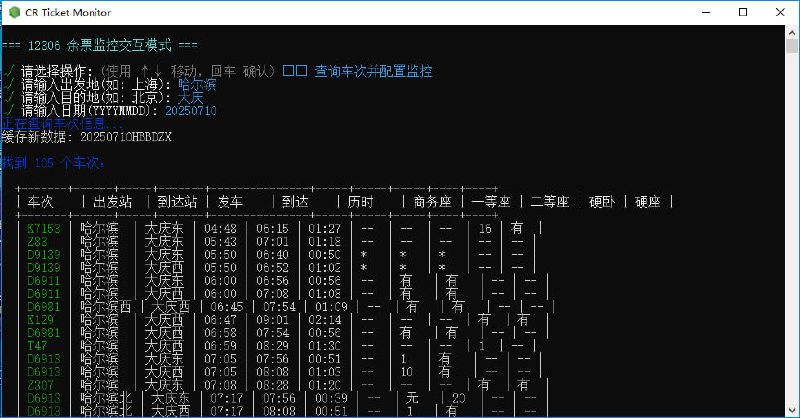 #出行 #火车票 #监控 #开源 China Railway Ticket Monitor 12306 余票监控与通知工具，可通过交互式界面设置出发地、目的地、日期、车次和席别，支持实时推送到 Telegram、飞书、Bark、企业微信、SMTP 邮件，仅可查询余票状态，不具备抢票功能，免费开源