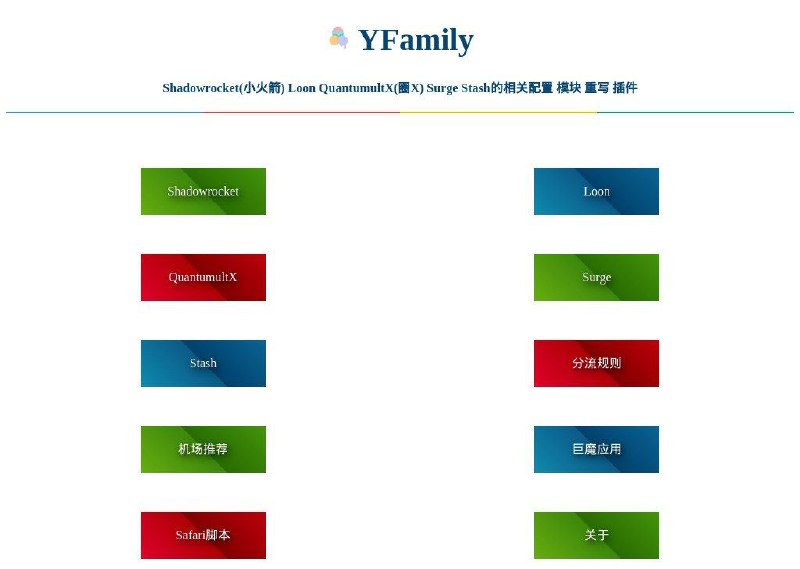 📂 #网站 #翻墙 #脚本 #教程 #iOS🪁 YFamily▎网站功能: iOS网络调试工具相关资源▎网站介绍: 提供有关Shadowrocket QuantumultX Surge Loon Stash等网络调试工具的脚本，插件，模块，重写，覆写，规则