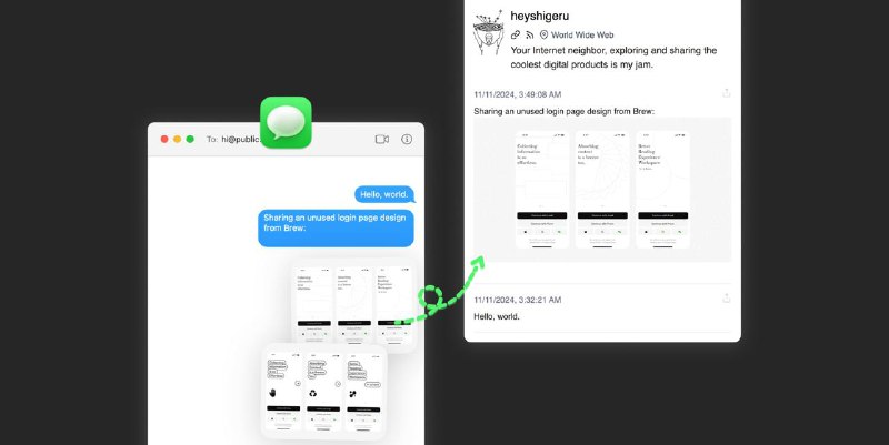 #Web #Tools🐦 Public.me：利用 iMessage 搭建你的微博客平台🔗：Web💬 Montaigne——一款利用 Apple Notes 搭建博客的工具——的开发者 Anton 最近发布了一款名为 public.me 的新产品，与 Montaigne 类似， public.me 同样依附于 Apple 生态软件产品，只不过这次是利用 iMessage 来搭建微博客（Microblog）平台，同时支持 RSS，整体操作也十分简单：1. 前往 public.me 官网完成 注册（所填写的电话号码需为 iMessage 号码） ；2. 在 Messages App 内向 hi@public.me 发送消息；3. 所发送消息将自动发布到 public.me 平台，支持文字、图片、音频、视频