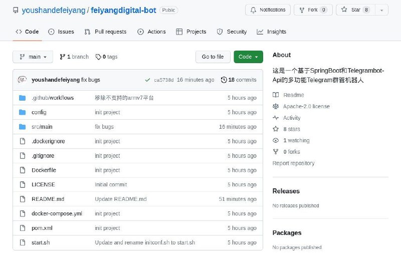 📂 #Github #Bot🤖  Feiyang Digital▎项目功能: Telegram群管机器人▎项目介绍: 基于 SpringBoot 和 Telegrambot-Api 打造的多功能 Telegram 群管理机器人