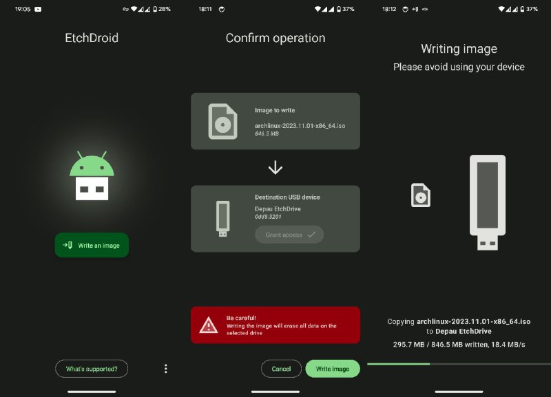EtchDroid - 将操作系统 ISO 映像写入 USB 驱动器安卓制作可启动 USB 驱动器一款开源工具，用于创建可启动的 USB 驱动器或将 ISO/IMG 镜像写入 USB