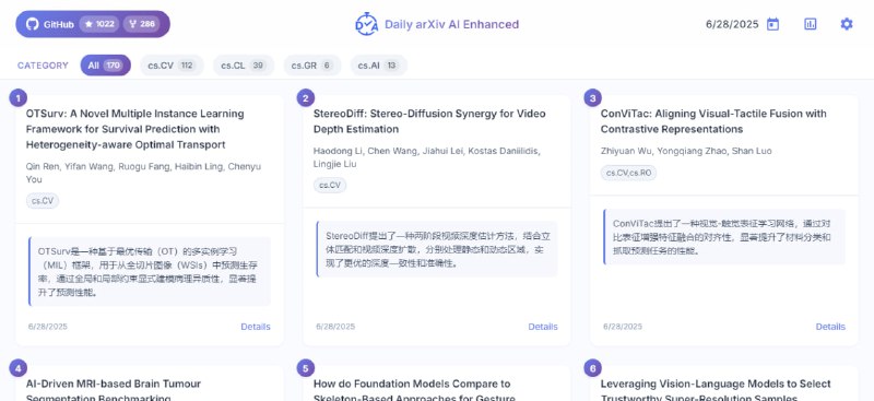 #论文 #学术 #开源 Daily arXiv AI Enhanced AI 驱动的 arXiv 日刊服务，每日自动抓取最新论文，并通过 DeepSeek 生成中文摘要，在 GitHub Pages 进行发布与展示，可自定义筛选范围和日期，以及查看论文详细信息和趋势统计图表，全部自动运行，无需服务器，做学术的可能会需要，免费开源