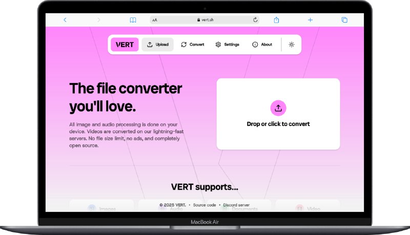 #开源 #文件处理🔁 VERT -  一款开源的全能文件格式转换工具 🌐 在线体验支持图片、音频、文档、视频的格式转换，所有操作都是在本地浏览器完成支持 Docker 部署📮投稿    📢频道    💬群聊    🔎索引