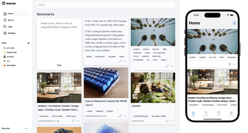 开源 AI 书签管理工具Hoarder通过浏览器插件一键保存，AI 自动提取网页、和图片信息，构建个人内容收藏库