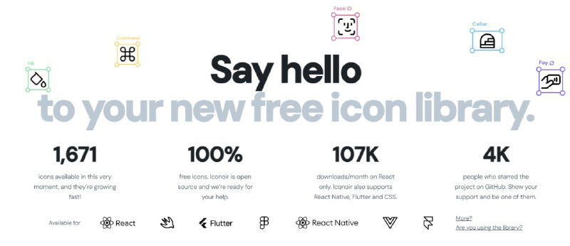 #图标 #开源 Iconoir 开源矢量图标库，现有超过 1600 个图标，全部基于 24x24 像素网格设计，支持 SVG、React、React Native、Vue、Flutter、Figma、Framer 和 CSS 等平台，可通过 NPM、CDN 或直接下载方式获取，支持自定义颜色、尺寸和描边粗细等，免费商用且无需注册